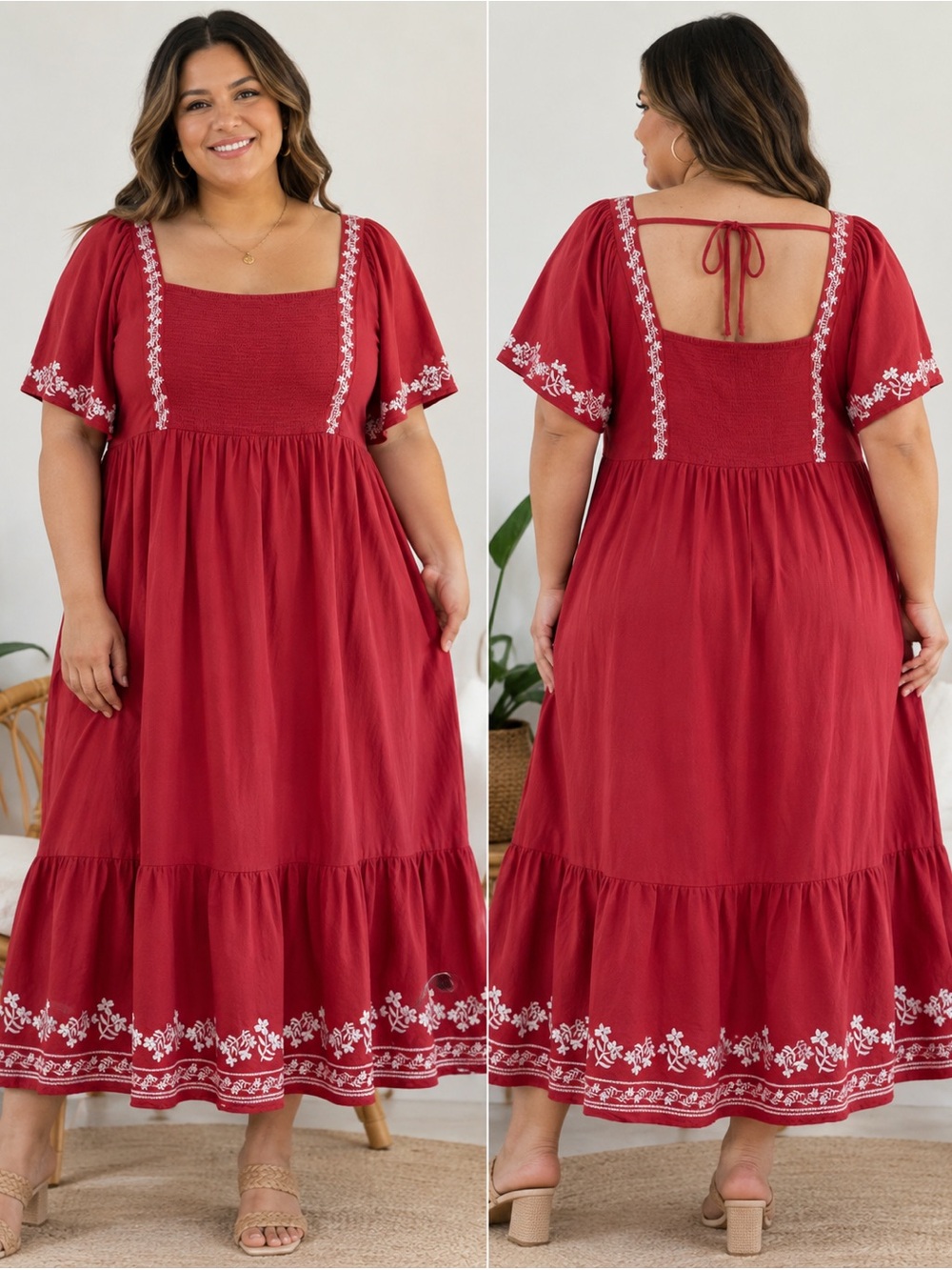 Old Navy XXL Red Embroidered Midi Dress Boho Cottagecore